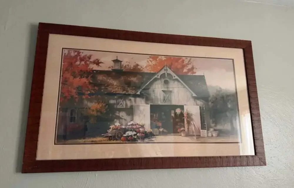 Vintage Framed Country Barn Autumn Landscape Print - Picture 1 of 1